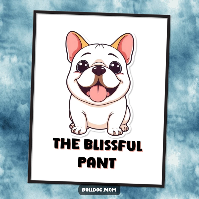 Funny Kawaii Bulldog Poster showcasing a cute bulldog's happy panting face with a wide, broad smile.