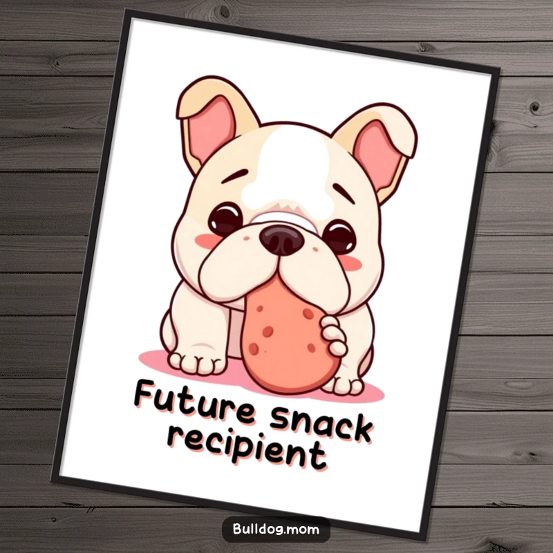 Funny Kawaii Bulldog Poster depicting a dog nudging a treat, ideal for humorous wall art and displaying a love for snacks.