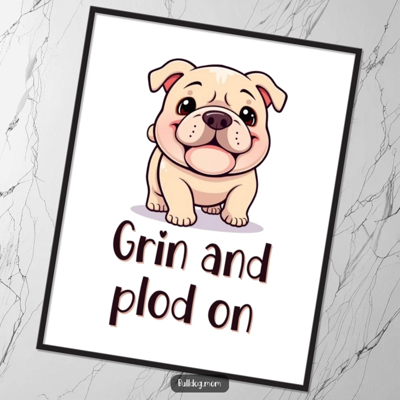 Funny Kawaii Bulldog poster, a happy dog with a jowly grin happily plodding with a wagging tail, conveying pure joy.