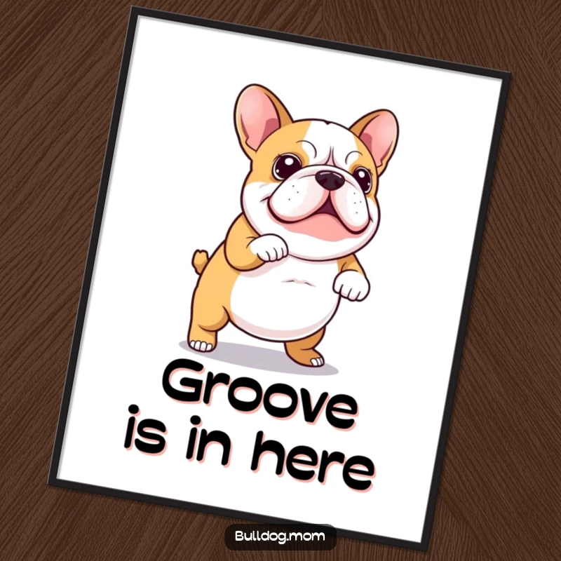 Funny Poster featuring a Kawaii bulldog captured mid-wiggle dance, its tail wagging enthusiastically, bringing a burst of joyful energy to the wall.