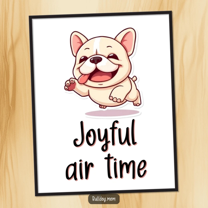 Funny Kawaii Bulldog Poster: A cute bulldog captured mid-clumsy leap, radiating pure joy and energetic motion.