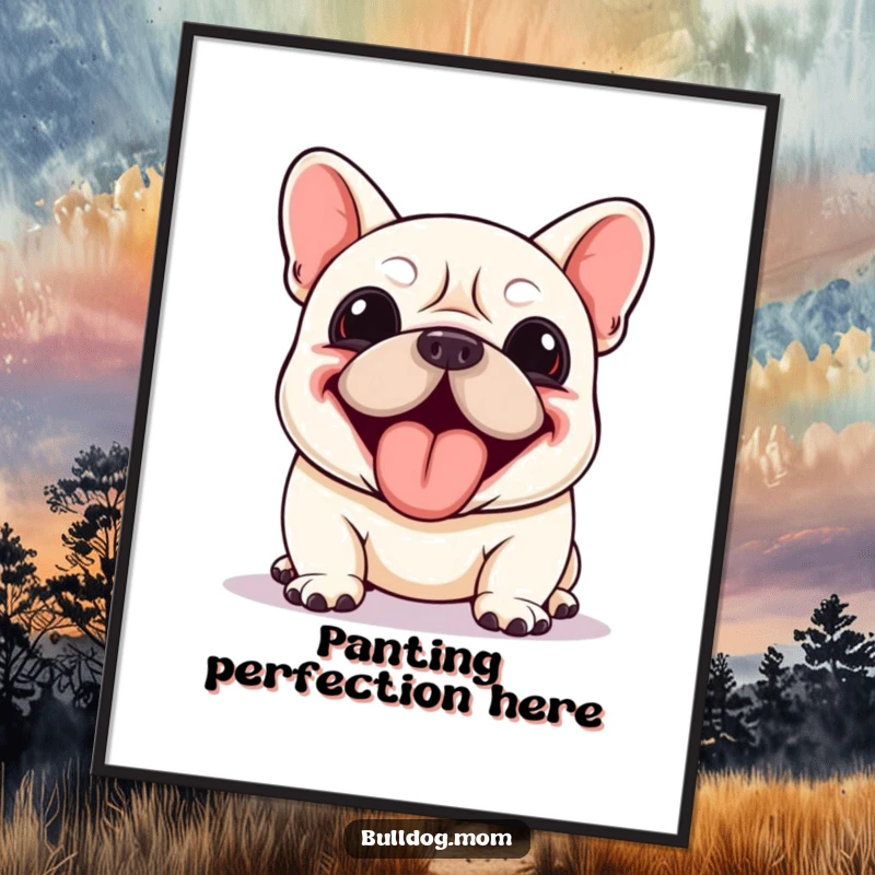 Funny Kawaii Bulldog poster of a dog panting enthusiastically with its tongue lolling out, capturing pure joy for wall decor.