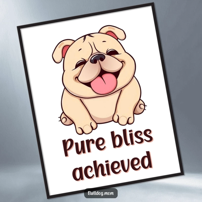 Funny Kawaii bulldog poster depicting a cute, squishy dog happily snorting while rolling over playfully, perfect decor.