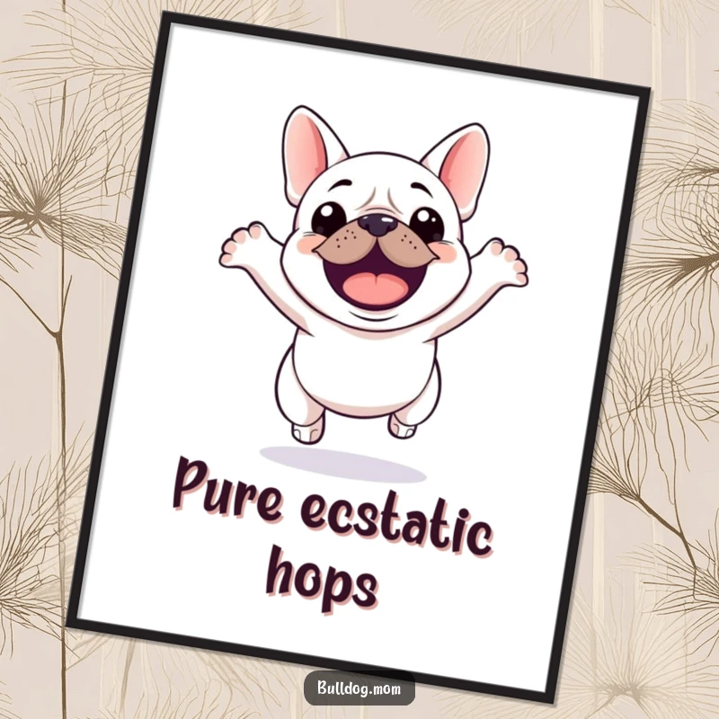Funny Kawaii Bulldog Poster capturing a cute bulldog in a dynamic, excited jump, radiating pure happiness.