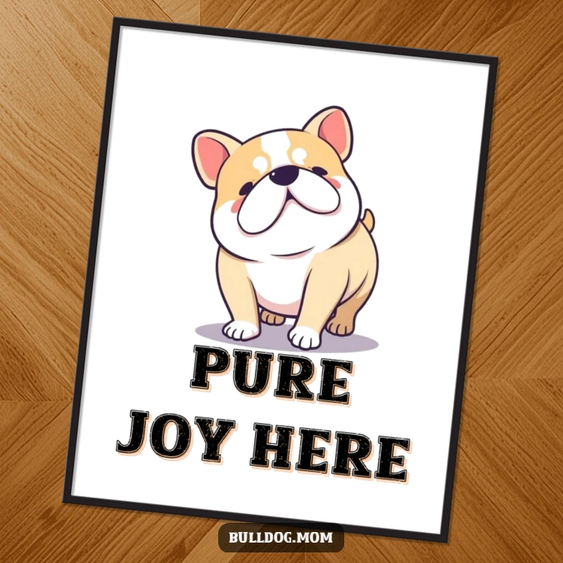 Funny Kawaii Bulldog doing a joyful low wiggle with stubby legs, humorous and heartwarming wall art.