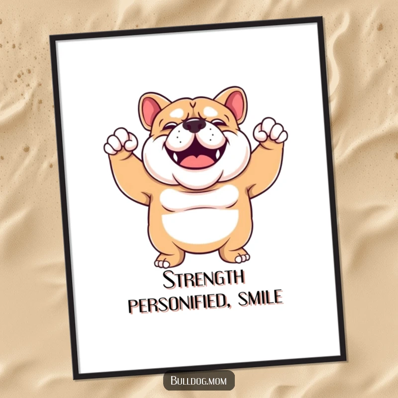 Funny Bulldog flex poster print of a sturdy, smiling Bulldog enthusiastically flexing its arms, radiating confidence and playful power.
