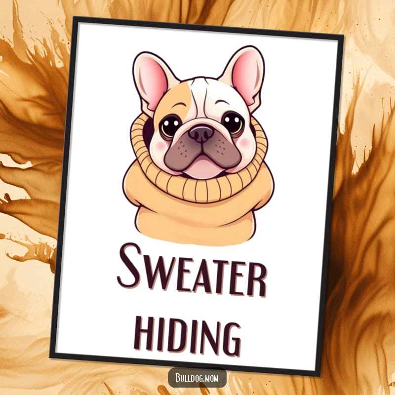Funny Kawaii Bulldog Poster: A cute bulldog peeking from an oversized sweater, capturing maximum adorableness and cozy humor.