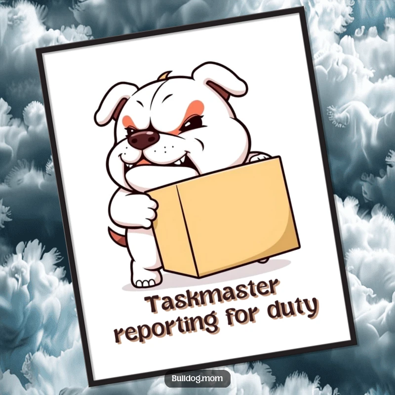 Funny Moving Bulldog Poster: A sturdy bulldog with a determined grin is captured pushing a heavy box, symbolizing effort and progress.