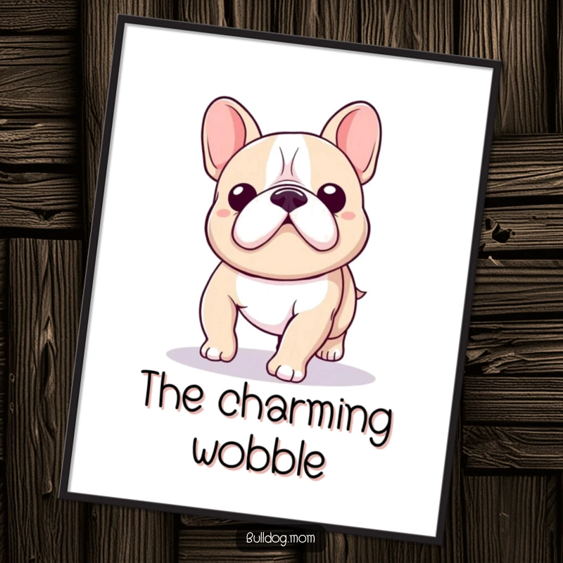 Funny Kawaii Bulldog Poster capturing a cute bulldog's endearing wobble during a playful, unsteady walk.