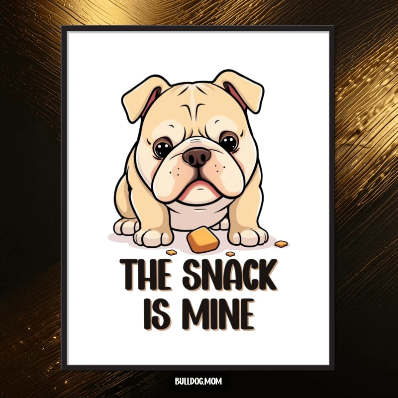 Funny poster of a bulldog with an intense, unwavering stare directed at a dropped treat below, capturing humorous desire.