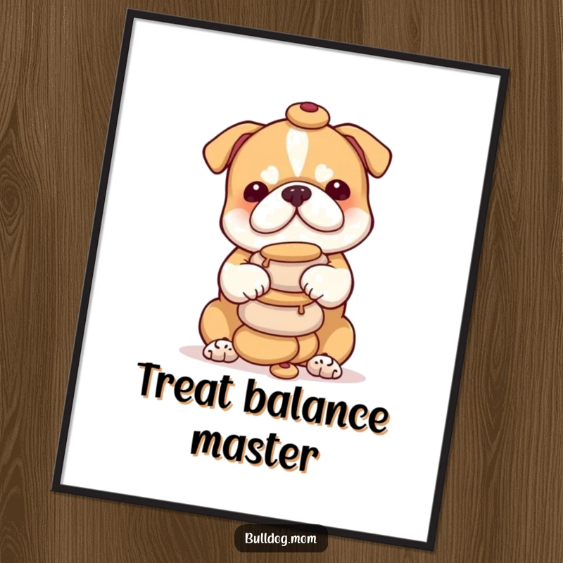 Funny bulldog cub poster print of a sweet puppy concentrating hard while balancing a stack of small treats, capturing a moment of playful silliness.