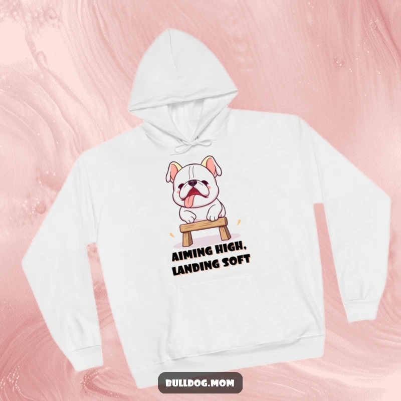 Funny Kawaii bulldog hoodie featuring a cute dog attempting a clumsy jump, perfect for warm and humorous wear.