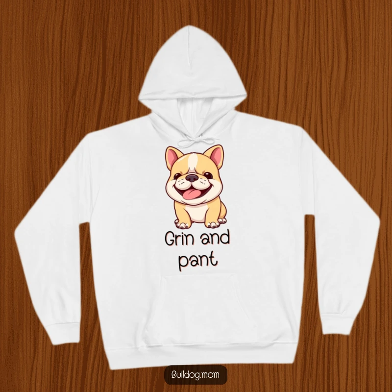 Funny bulldog cub hoodie design featuring a cheerful puppy panting contentedly, its determined grin exuding playful and endearing humor.