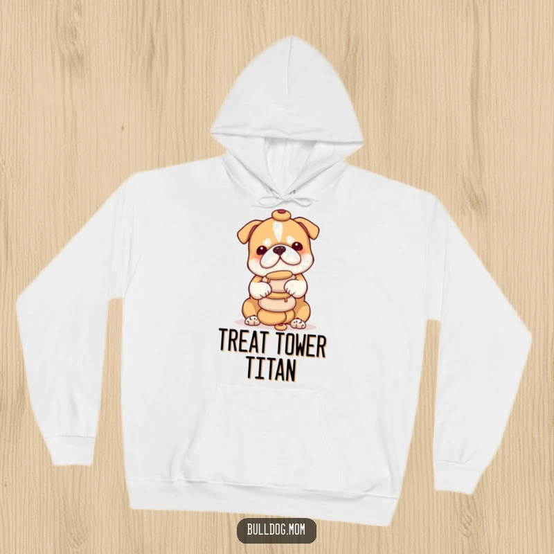 Funny bulldog cub hoodie design featuring a focused pup stacking small treats, radiating pure, unadulterated puppy joy and humor.