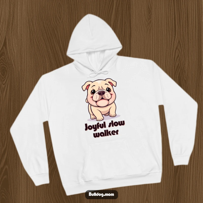 Funny Kawaii Bulldog hoodie, a happy dog with a jowly grin happily plodding with a wagging tail, perfect for warmth and charm.
