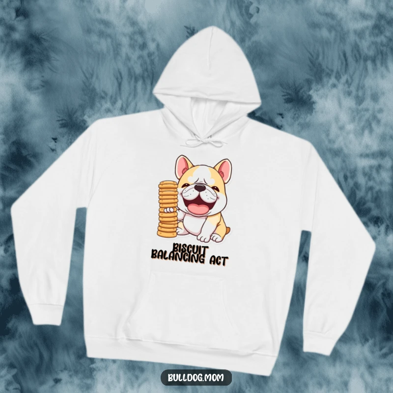 Funny Kawaii Bulldog hoodie, featuring a dog laughing heartily while trying to balance a precarious stack of biscuits, a humorous and relatable scene.