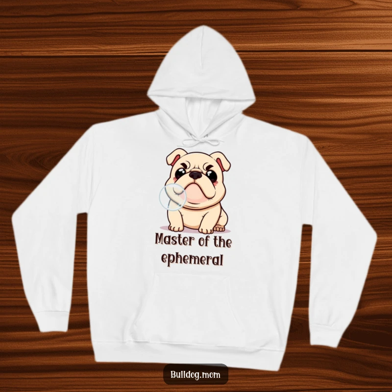 Funny Kawaii Bulldog hoodie, earnest expression, focused on a floating bubble, depicted in a whimsical, humorous chase scene for maximum amusement.