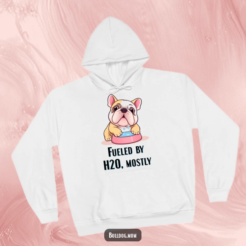Funny Kawaii bulldog hoodie featuring a cute dog gleefully chugging water from a bowl, ideal for warm and humorous wear.