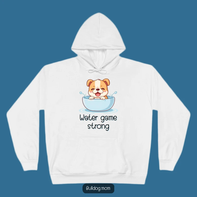 Cozy Funny Splashy Bulldog Cub Hoodie - Giggling Pup in Water, Warm Gift!