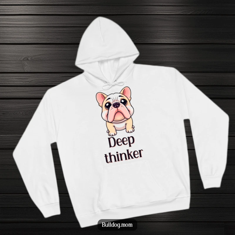 Funny hoodie featuring a bulldog with a quizzical head tilt, inviting viewers to ponder mysteries with humor.