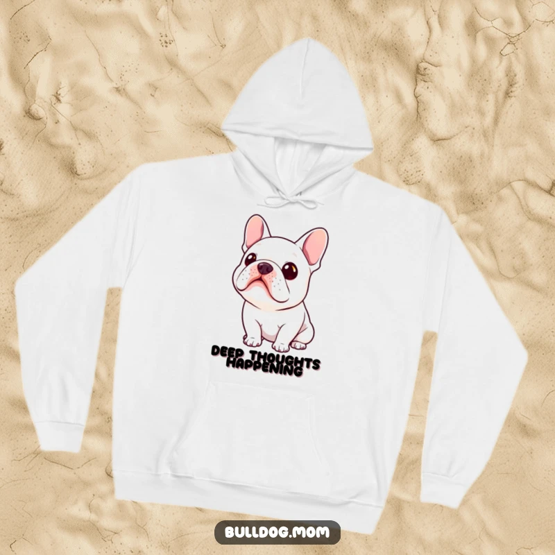 Funny Kawaii Bulldog Hoodie showcasing a cute bulldog tilting its head, radiating an aura of deep curiosity.