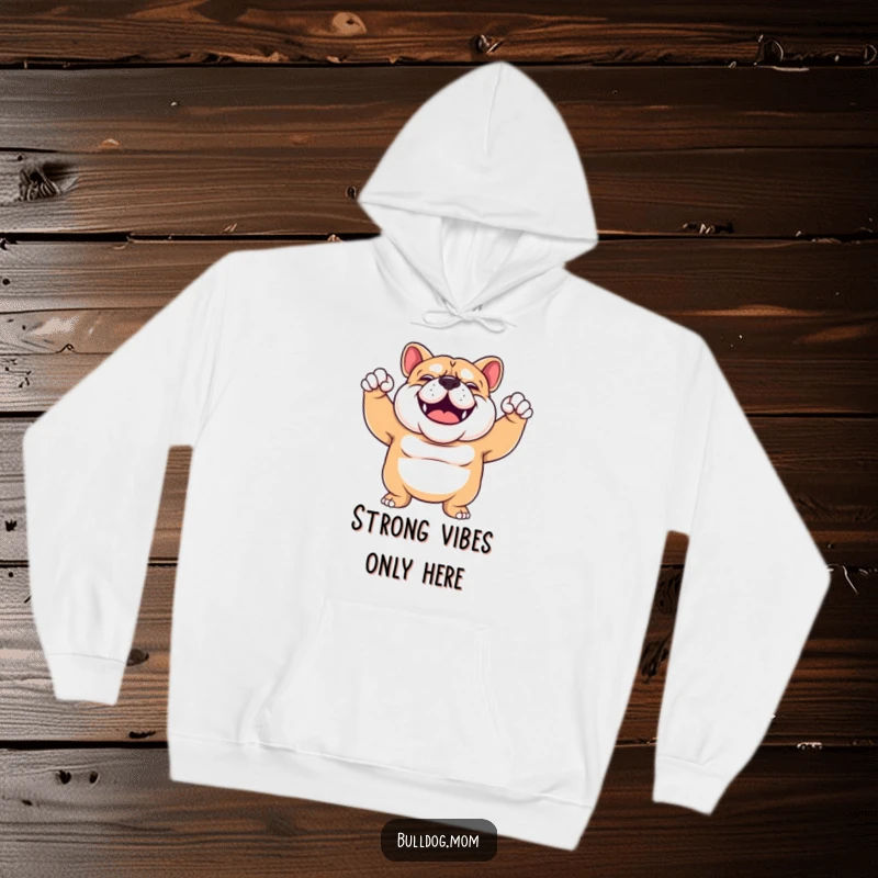 Funny Bulldog hoodie showcasing a sturdy, smiling Bulldog enthusiastically flexing its arms, exuding power and playful charm.