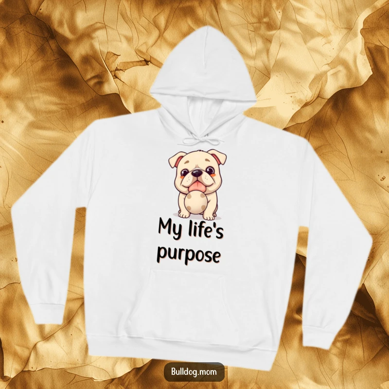 Funny Kawaii Bulldog Hoodie: Comfy sweatshirt with a cute dog offering a slobbery ball, ideal funny gift for dog lovers.