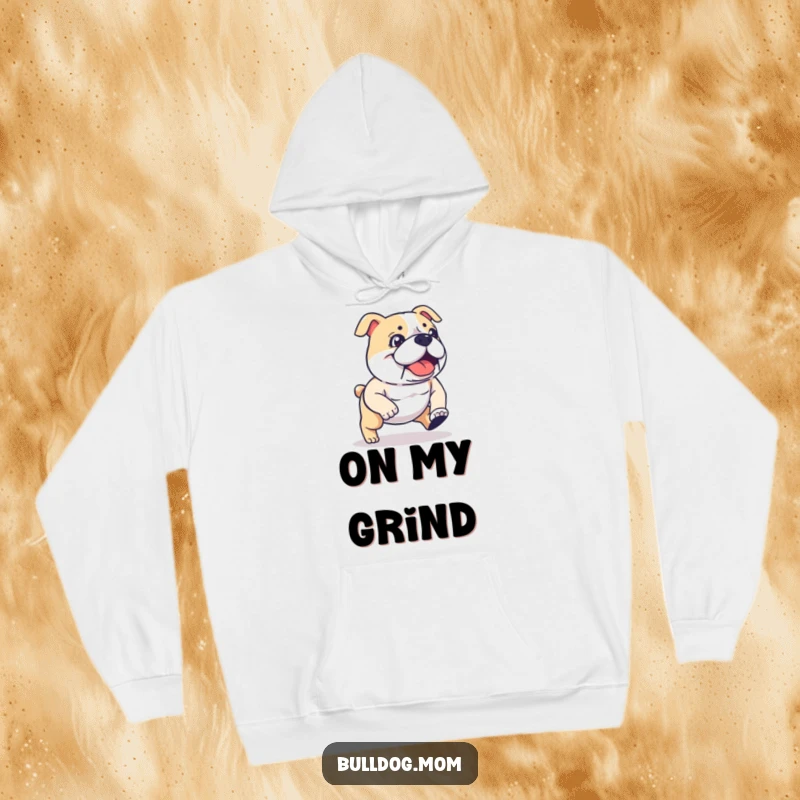 Funny kawaii Bulldog hoodie displaying a determined, energetic stride, perfect for a funny gift. Comfortable and humorous apparel for dog enthusiasts.