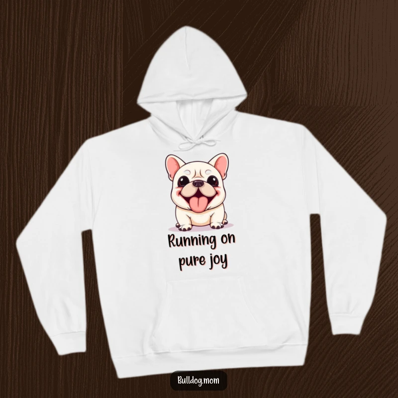 Funny Kawaii Bulldog hoodie depicting a dog panting enthusiastically with its tongue lolling out, offering cozy comfort and humor.
