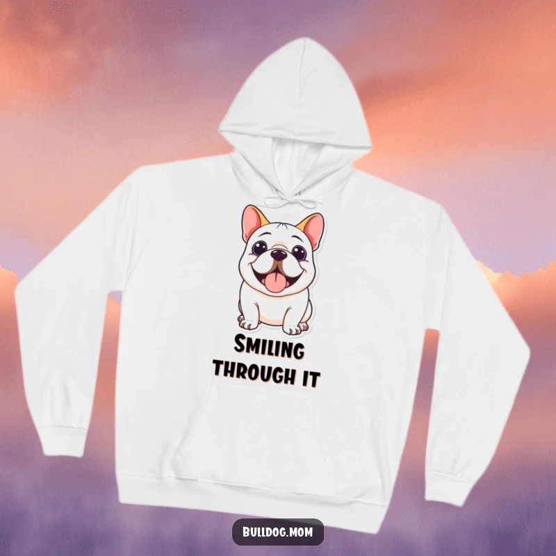 Funny Kawaii Bulldog Hoodie featuring a cute bulldog contentedly panting with a joyful, wide smile.
