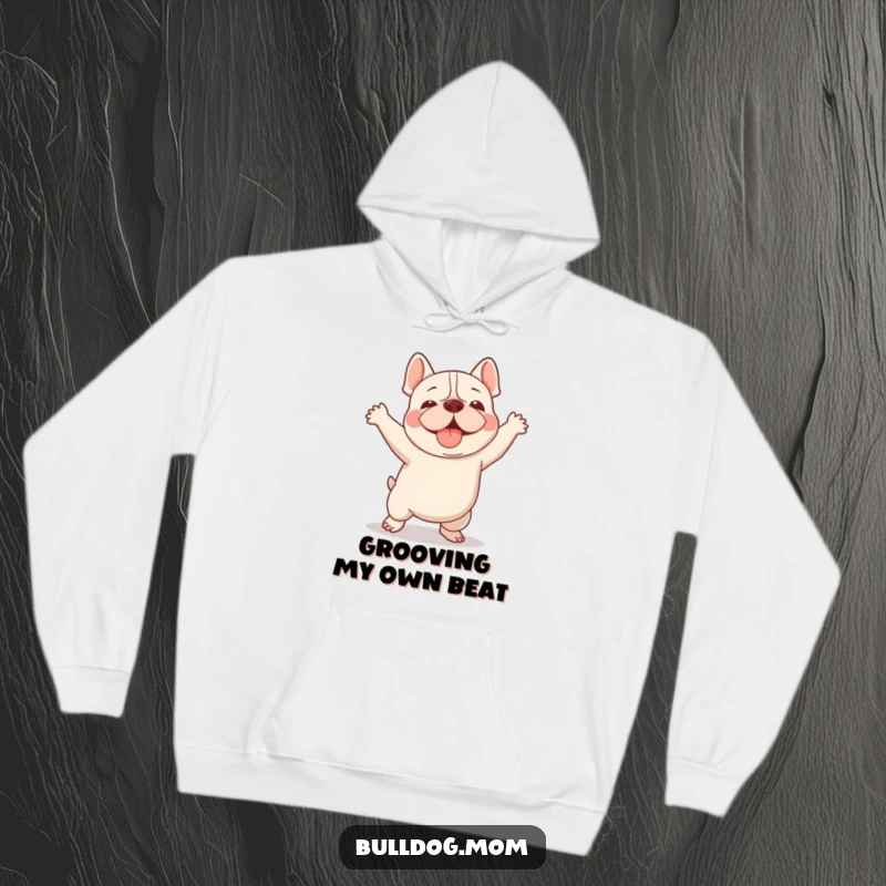 Funny Kawaii Bulldog hoodie depicting a dog doing a clumsy but adorable happy dance, offering cozy comfort and celebratory humor.