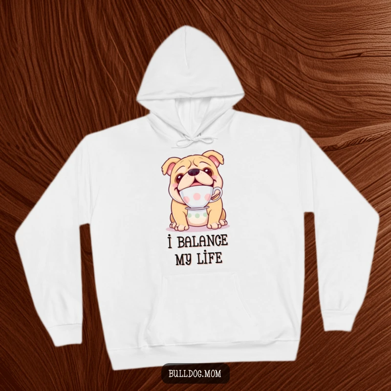 Funny hoodie featuring a happy bulldog gracefully balancing a teacup on its nose, embodying sophisticated amusement.
