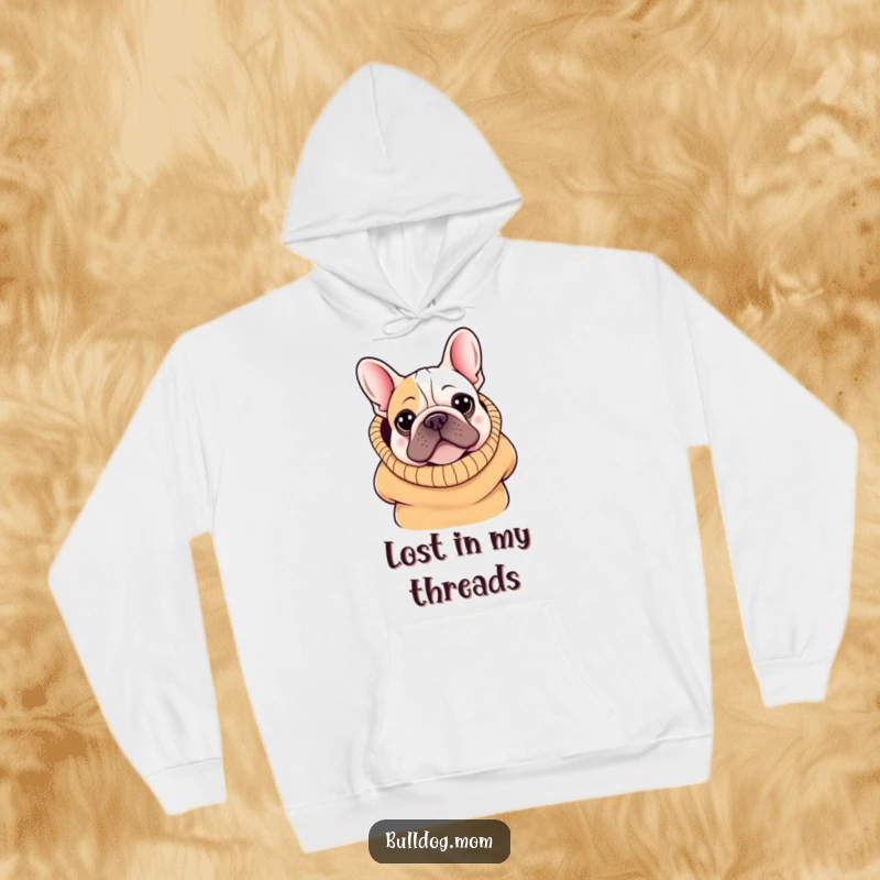 Funny Kawaii Bulldog Hoodie: A cute bulldog peeking adorably from an oversized sweater, exuding warmth and playful charm.