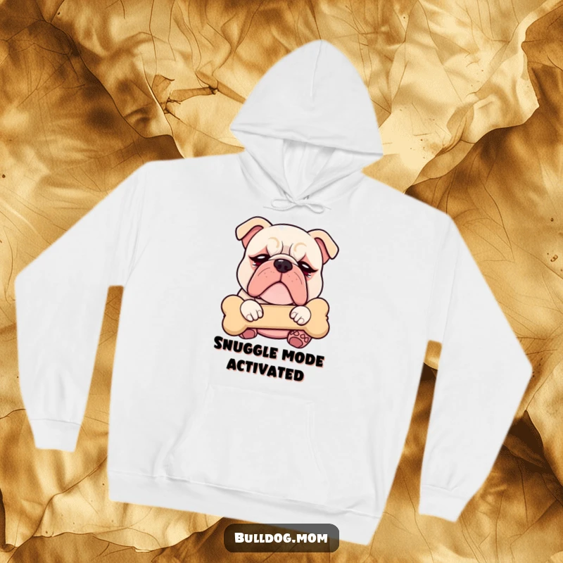 Funny Kawaii Bulldog hoodie with droopy eyes, blissfully cuddling a plush bone, exuding ultimate comfort and sleepy contentment.