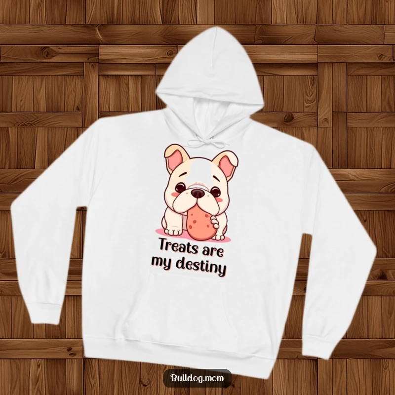 Funny Kawaii Bulldog Hoodie showing a dog nudging a treat, offering warmth and humor for fans of funny pet designs.
