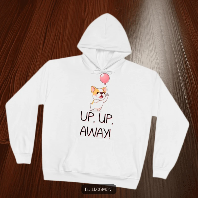 Funny Balloon Bulldog Hoodie: An excited kawaii bulldog joyfully leaps towards a colorful balloon, embodying pure excitement.