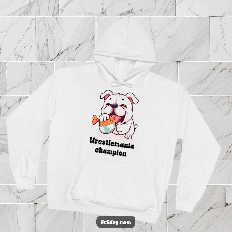 Funny Kawaii Bulldog Hoodie: A cute bulldog locked in a hilarious wrestling match with a squeaky toy, radiating joy and playful energy.