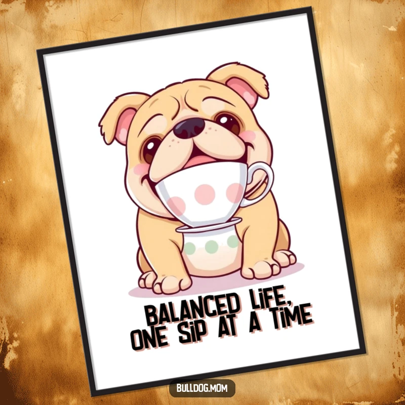 Funny Free Printable Bulldog Wall Art: A happy bulldog balancing a teacup on its nose, offering a sophisticated yet comical piece of decor.