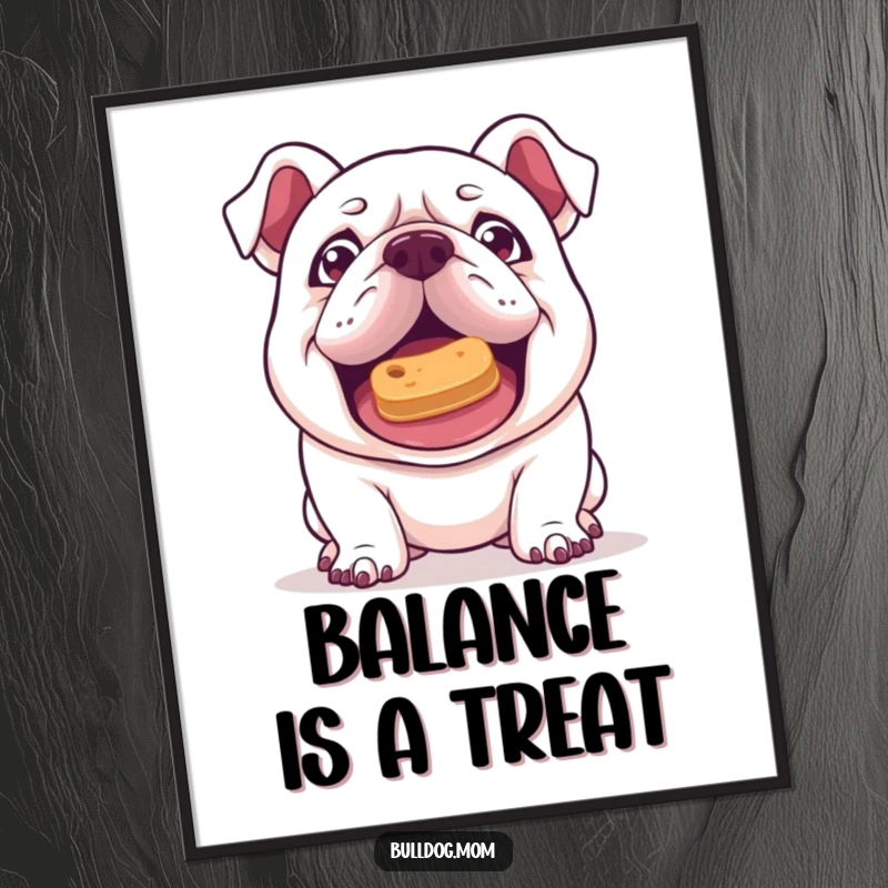 Funny Free Printable Wall Art of a kawaii bulldog with a mischievous gleam attempting to balance a treat on its nose, looking cheeky.