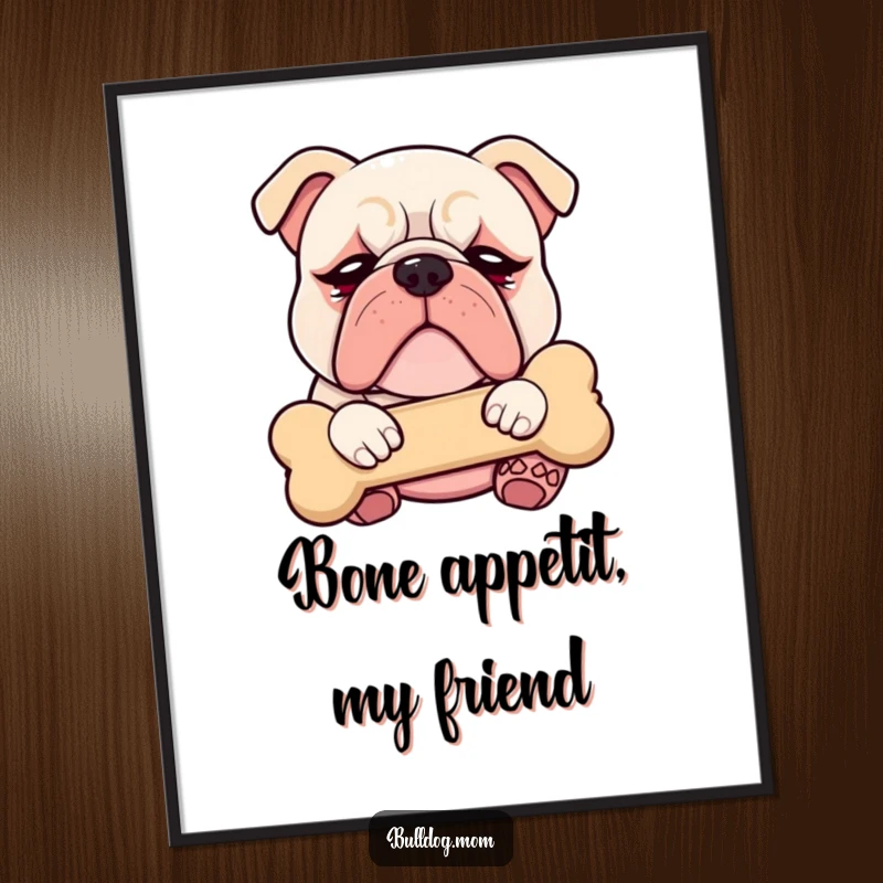 Funny Free Printable Wall Art of a kawaii bulldog with droopy eyes happily cuddling a plush bone, bringing cozy humor.
