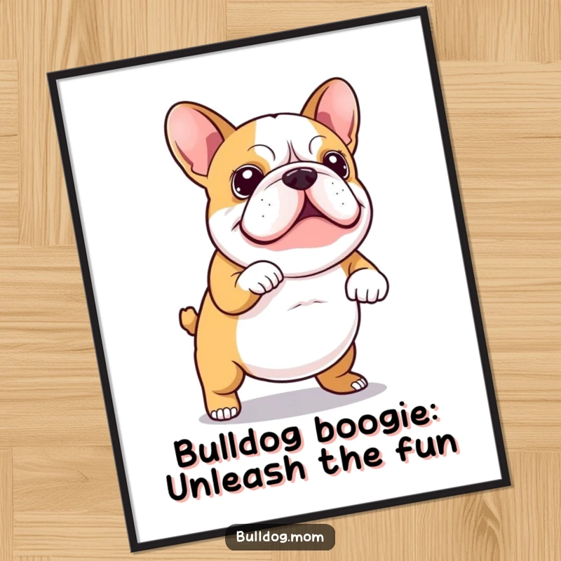 Funny Free Printable Wall Art of a kawaii bulldog doing a wiggly dance with its tail wagging energetically, full of joy.