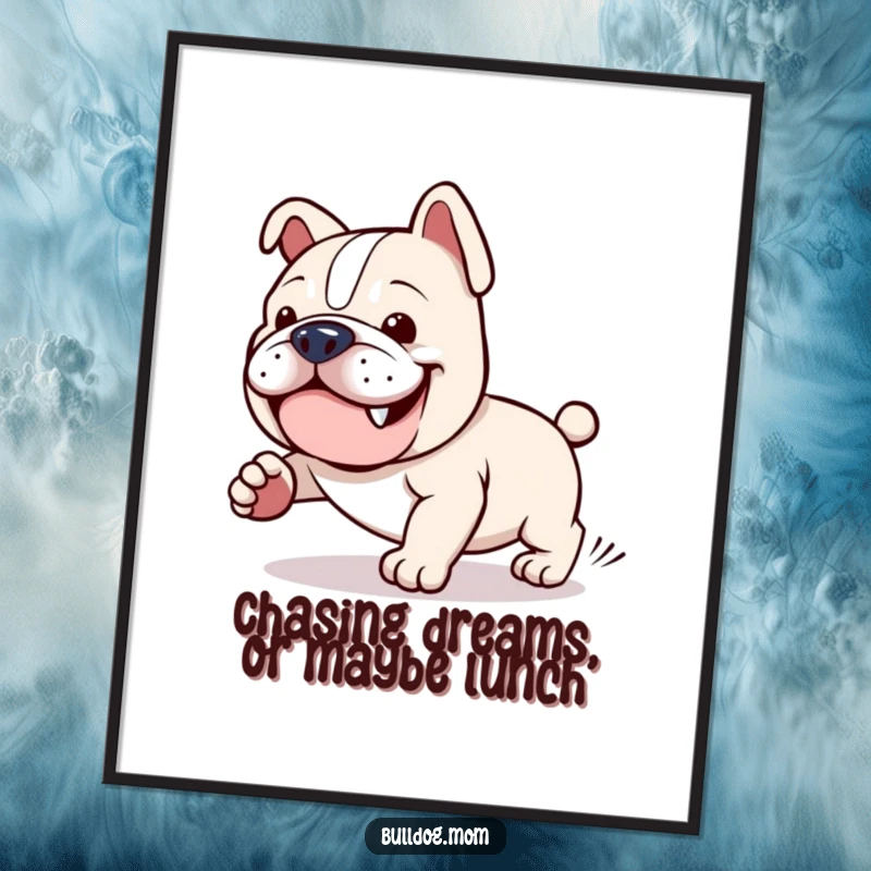 Funny Free Printable Wall Art: Kawaii Bulldog with a determined grin, hilariously spinning while chasing its tail.