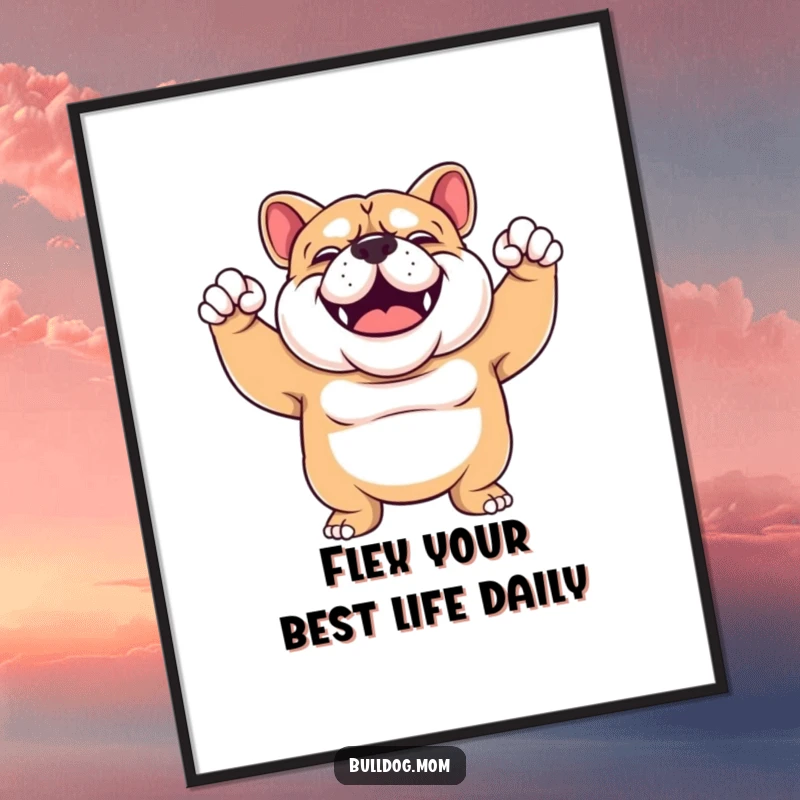 Funny Free Printable Bulldog Wall Art: Sturdy, smiling bulldog happily flexing its powerful arms, showcasing impressive muscles.