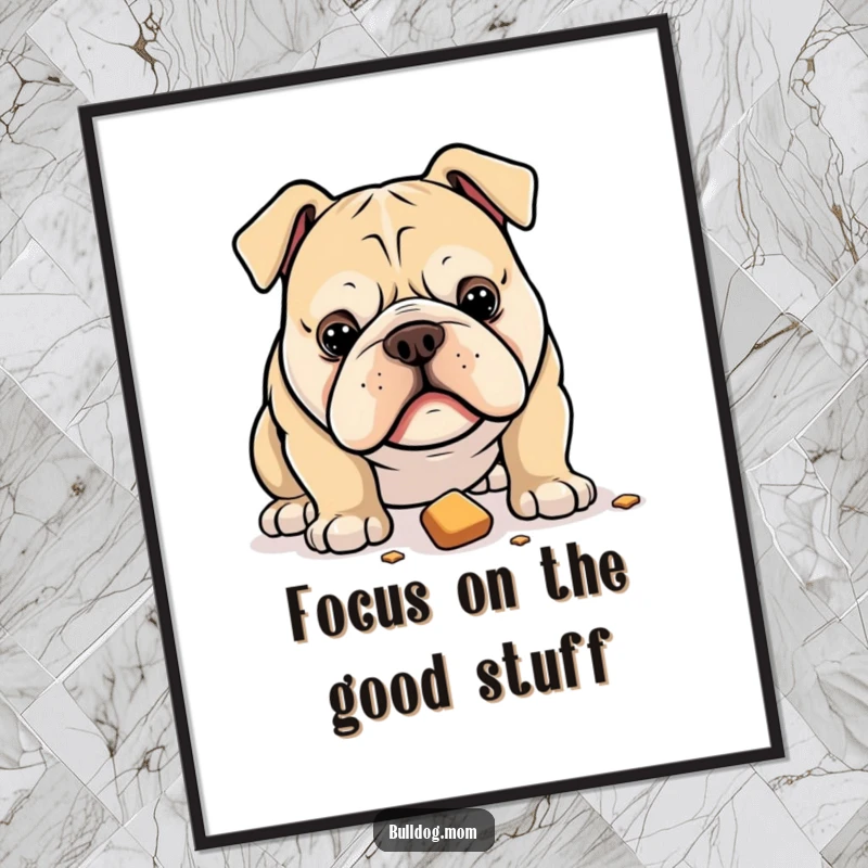 Funny Free Printable Wall Art of a bulldog staring with unwavering intensity at a dropped treat.