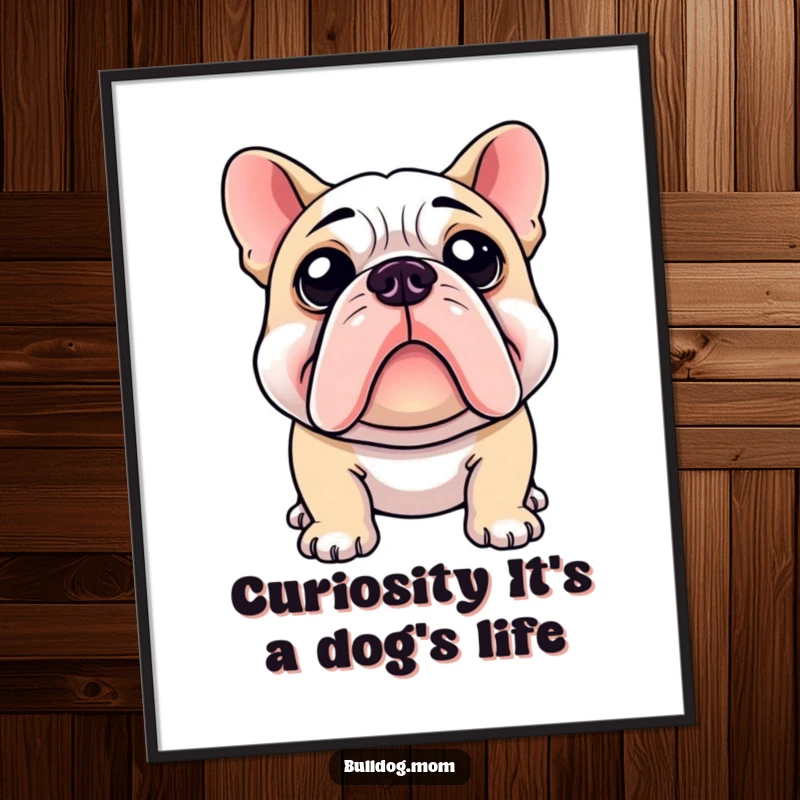 Funny Free Printable Bulldog Wall Art: A bulldog with an adorable head tilt, intently examining something with a look of deep curiosity.