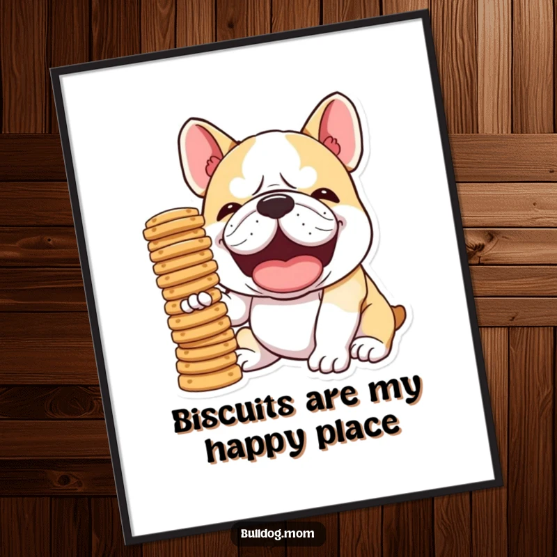 Funny Free Printable Bulldog Wall Art: Kawaii dog laughs heartily while attempting to balance a wobbly stack of biscuits.