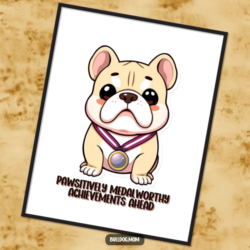 Funny Free Printable Bulldog Wall Art: A proud bulldog proudly holds a shiny medal, exuding accomplishment and adorable charm.