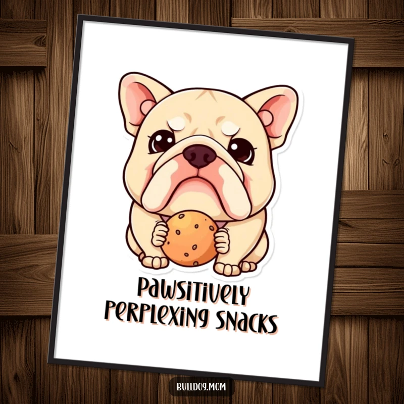 Funny Free Printable Wall Art: Kawaii bulldog looking puzzled at a delicious treat, adding quirky decor.