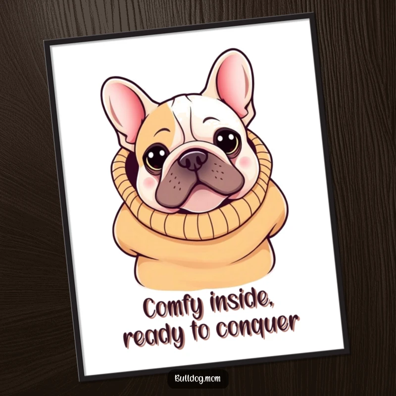 Funny Free Printable Wall Art: Kawaii Bulldog peeking out from a comically oversized sweater, looking incredibly cozy and cute.
