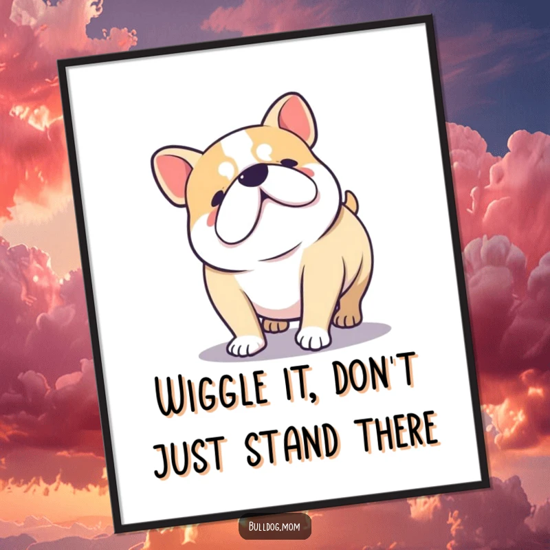 Funny Free Printable Wall Art: Kawaii Bulldog doing a happy low wiggle, stubby legs, pure joy, cute decor download.